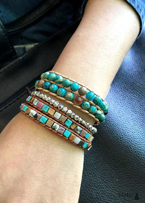 Pulsera Boho, Pulsera de Cuero con Capas, Piedras de Jaspe de 6 mm